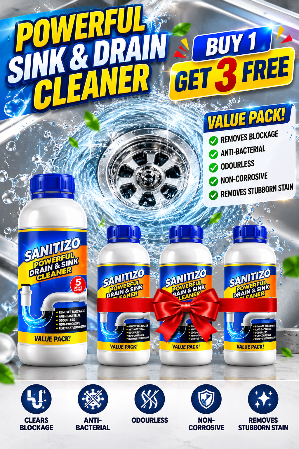 Powerful Sink & Drain Cleaner - Buy 1 Get 3 Free.